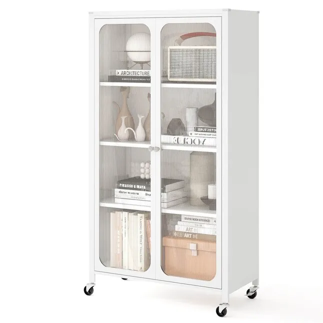 Modern Glass Door Storage Cabinet with Wheels and Multi Shelf Organizer